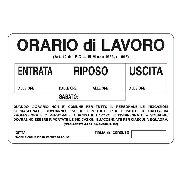 Cartello "Orario di Lavoro"