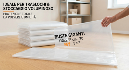Buste Trasparenti Grandi 130x235 cm - Spessore 80 Micron (MY80), 5 Pezzi | Sacchi Protettivi