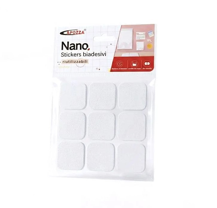 Adesivi Biadesivi Nano Trasparente 3x3 cm Riutilizzabili - 54 Pezzi
