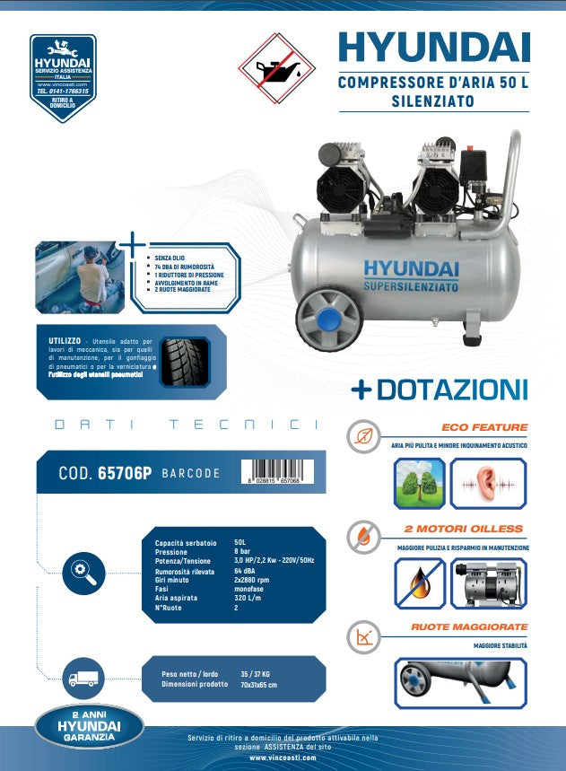 Compressore Silenziato 50 Litri Hyundai 3HP - Tecnologia Oil-Free